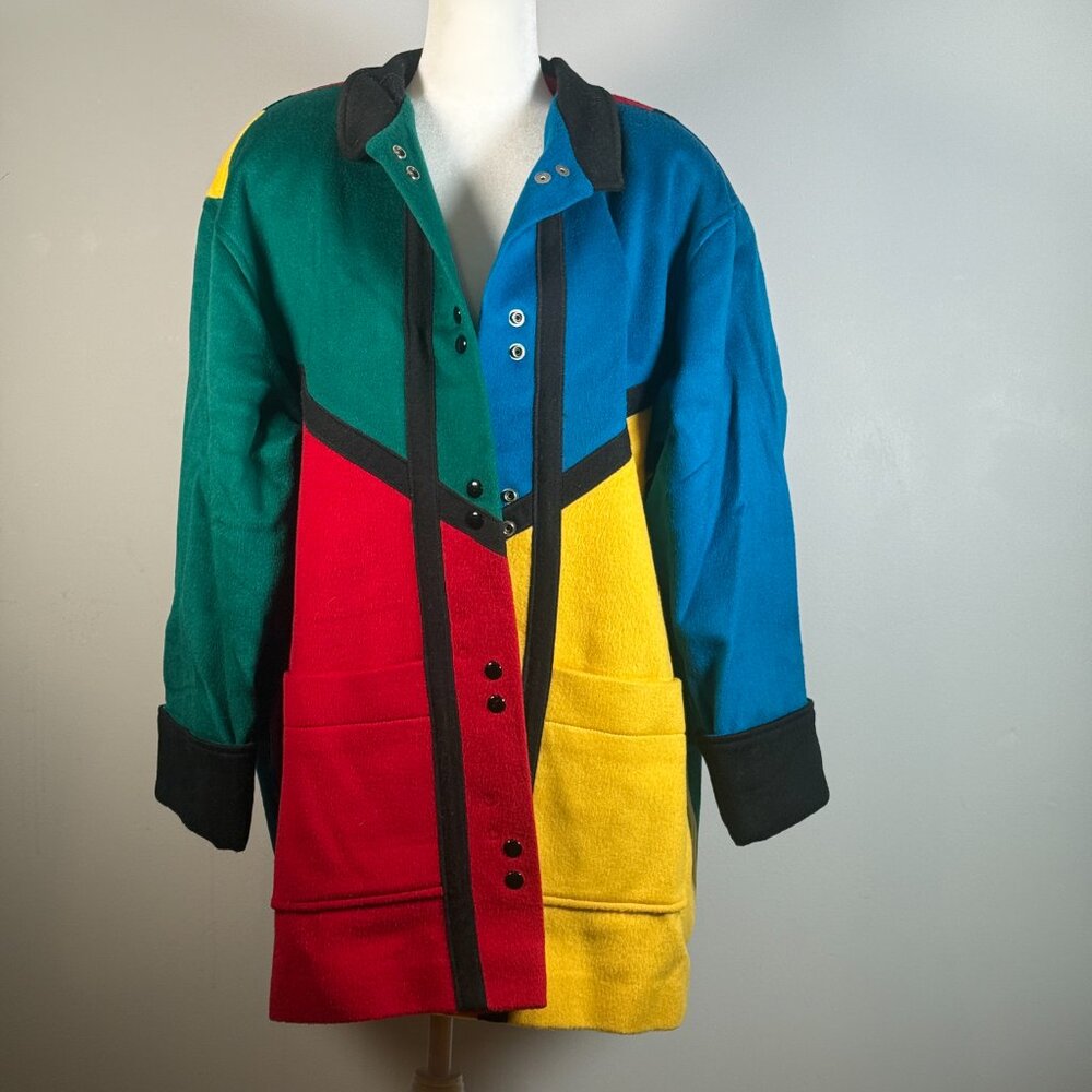 VTG Steve Evans Mens Large Colorblock 100% Wool Jacket Raised Collar Made in USA